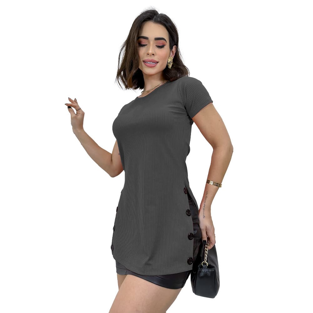 Blusa Feminina Manga Curta Blusinha Canelada Botões Comprida Tendencia 2026