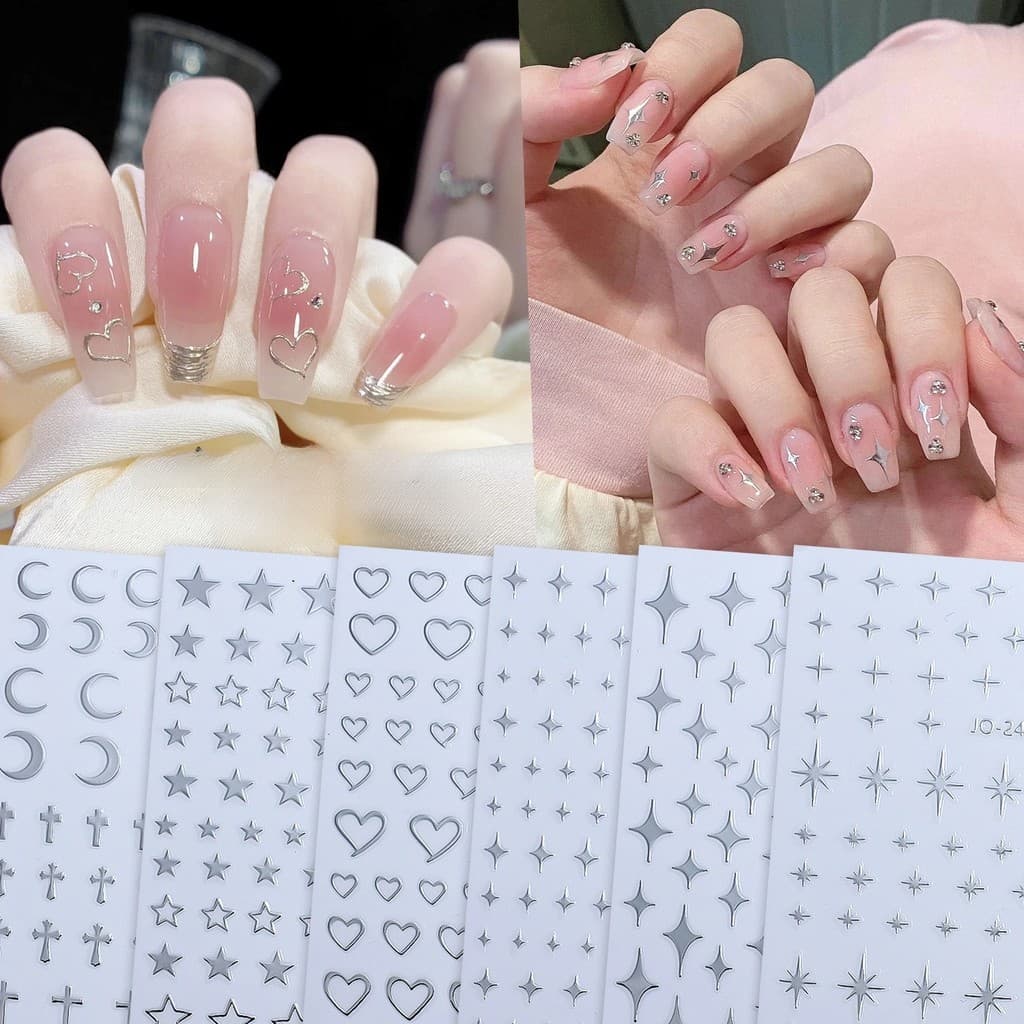 3D Prata Coração Estrela Adesivos De Unhas Acessórios De Decoração De Arte