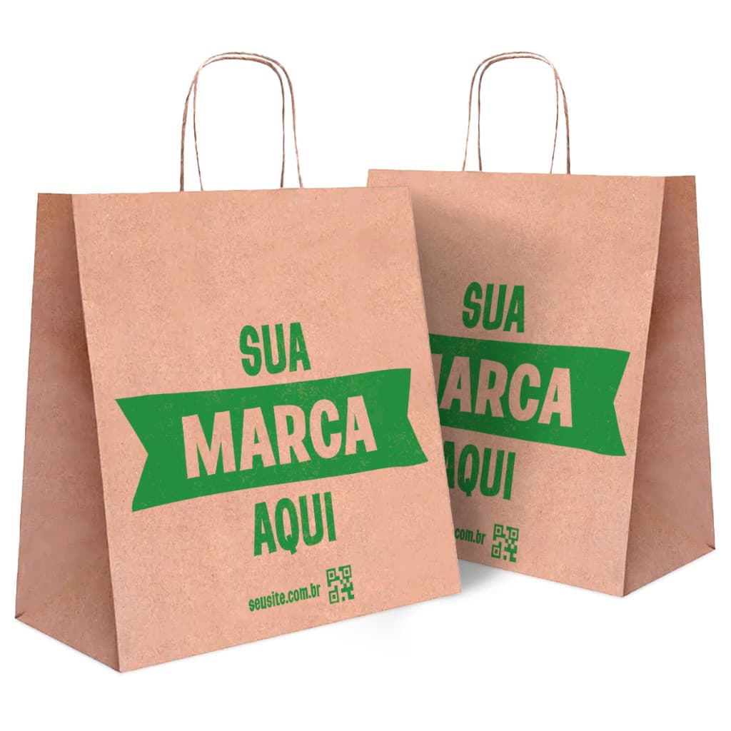 KIt 100 Sacolas Personalizada Kraft 26x25x12cm Com Sua Logo Marca Lojas Eventos Entregas Delivery