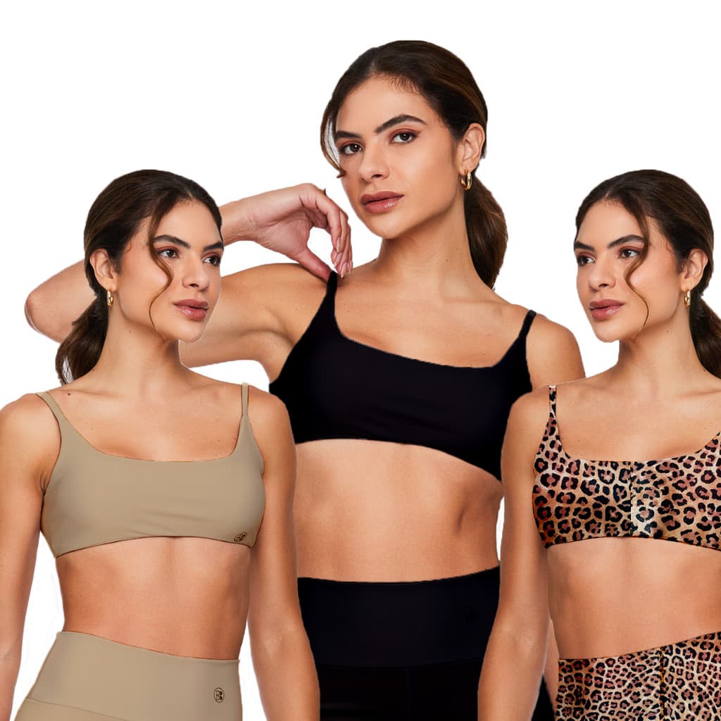 Kit 3 Tops Faixa Preto/Bege/Onça Feminino Treino Costas Nuas Academia Bojo Removível Alça Fina Yoga