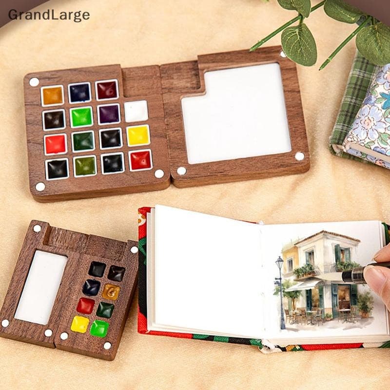 [GrandLarge] Paleta De Aquarela De Madeira De Nogueira Caixa De Pintura Portátil Com Clipe Bandeja Para Viagem Materiais