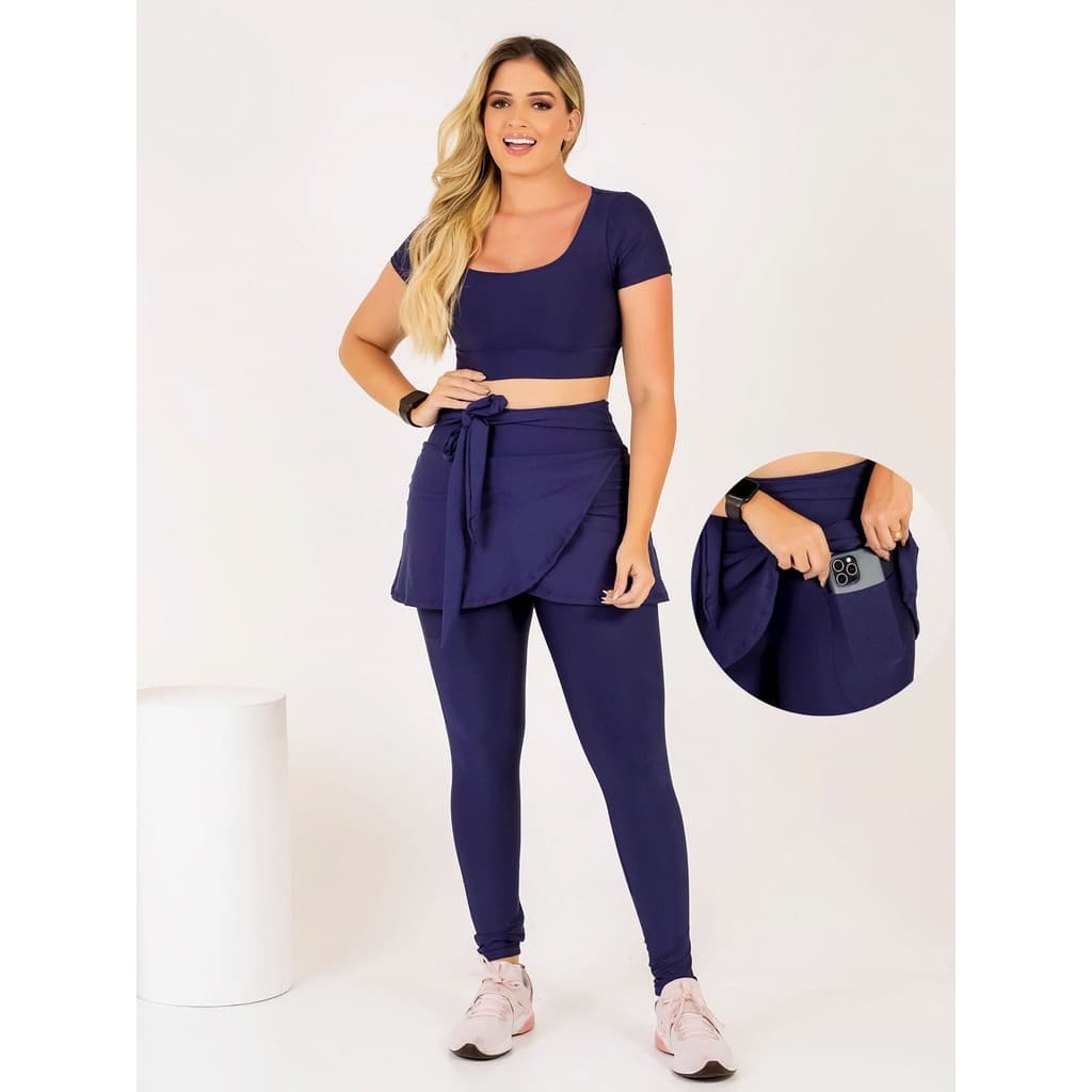 Conjunto Calça Legging Saia Com Bolso Top Cropped Fitness Feminino Treino Caminhada Academia Moda Evangélica Corrida