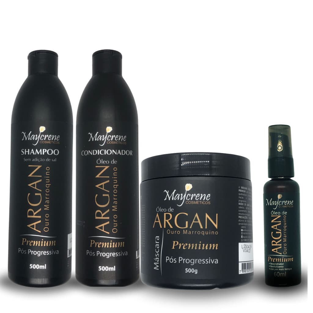 Kit Argan Premium 1 Shampoo + 1 Condicionador + 1 Máscara + 1 Óleo Marroquino Maycrene Pós Progressiva Ouro Marroquino