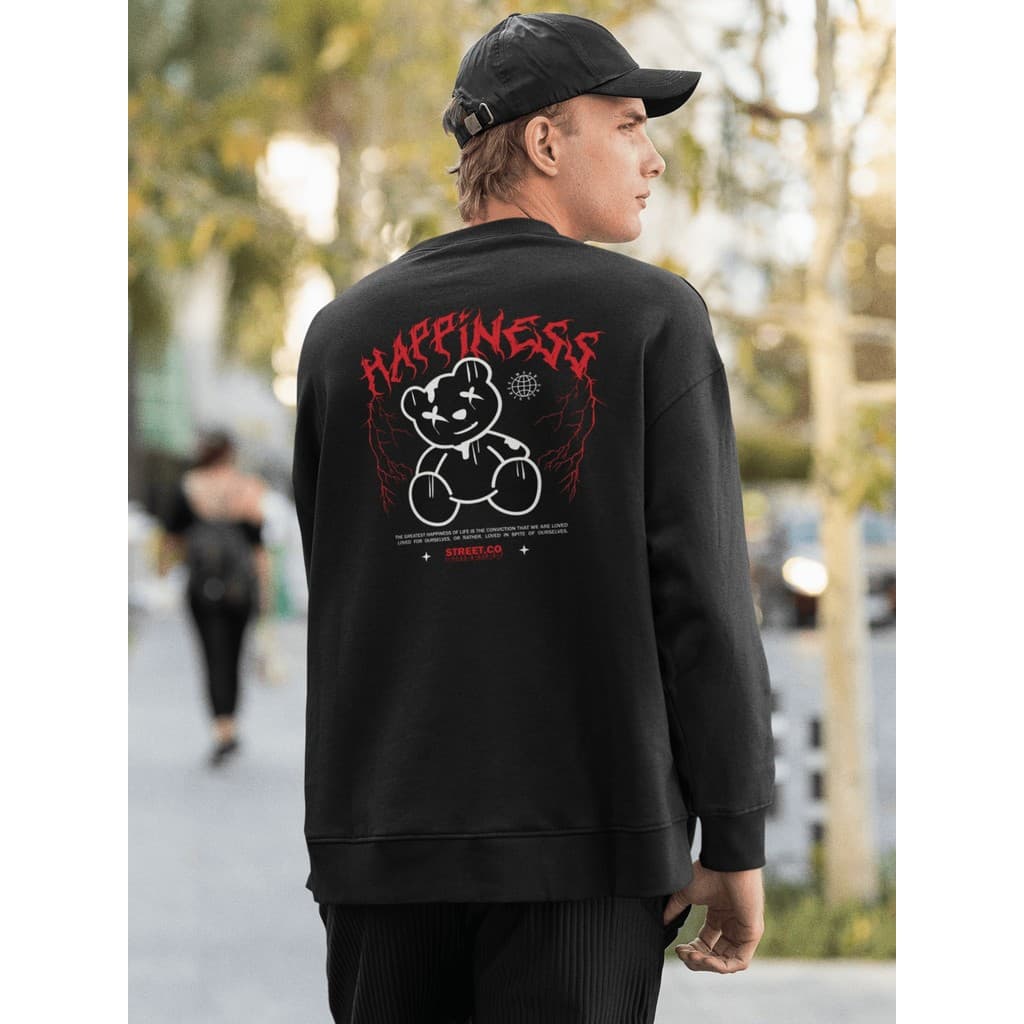 Moletom Careca Blusa de Frio Suéter Gola Redonda Masculino Casual Streetwear 100% Algodão Estampa - Happiness