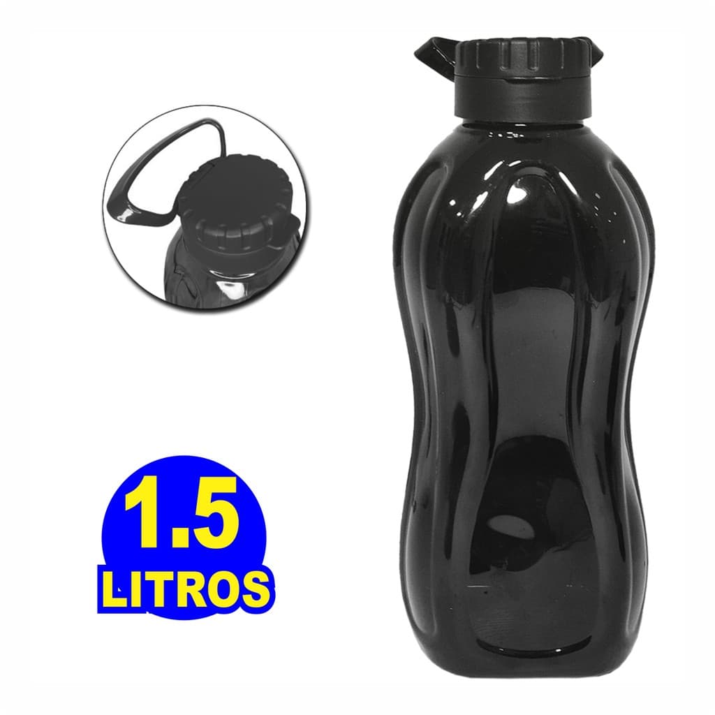 GARRAFA SQUEEZE DE PLASTICO PET PRETA COM TAMPA E ALCA 1,5L LIVRE DE BPA