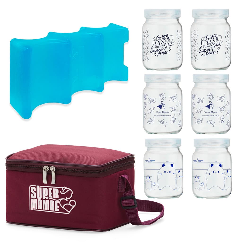 Bolsa Térmica Para Leite Materno Super Mamãe + 6 Potes Decorados 1Gelo Artificial