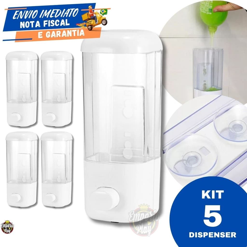 Kit 5 Dispenser De Parede Porta Álcool em Gel Detergente Sabonete Líquido 500ml Parede com Ventosa