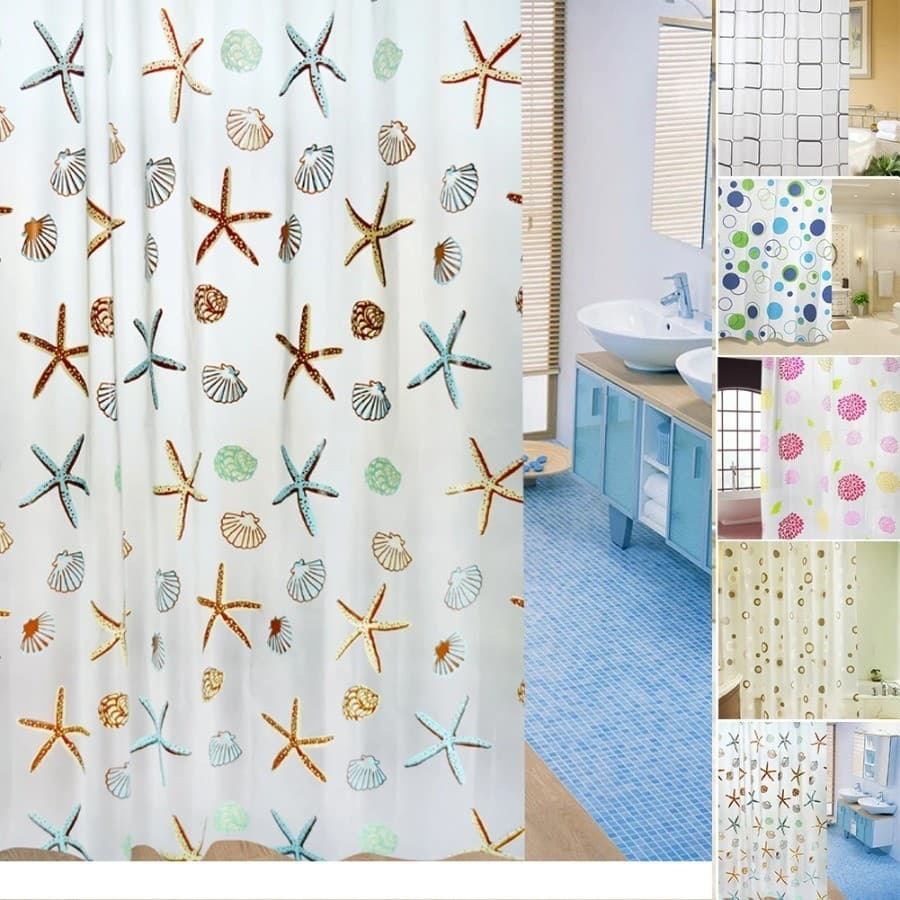 PEVA Banheiro Cortinas De Chuveiro +Varão Extensível Impermeável, Espessamento Cortina De Banho Starfish Hibiscus Padrão