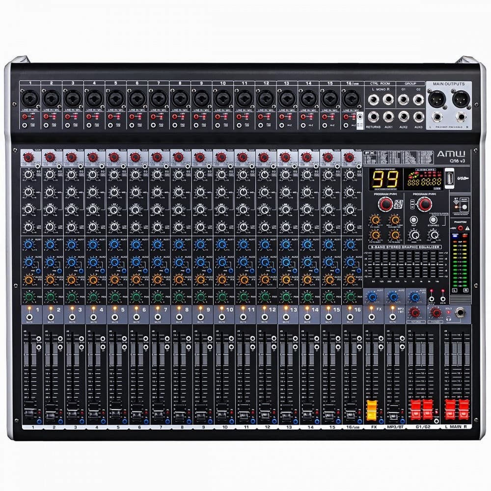 AMW Q16 v3 Mesa de Som 16 Canais Combo 99 Efx Dsp 2 Aux Hi-Z Interface USB Eq