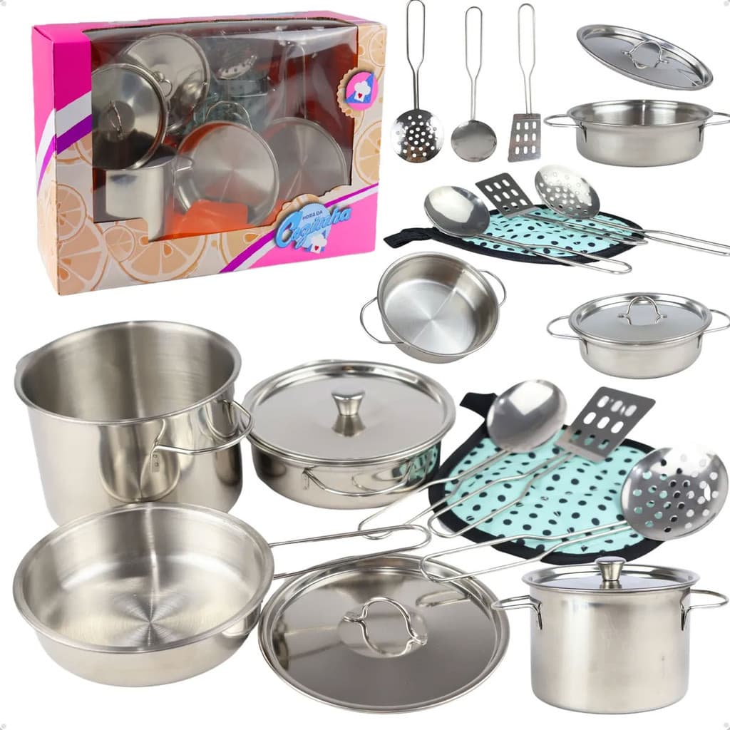 Brinquedo Jogo Infantil Panelas Inox Panelinhas Cozinha Prateado