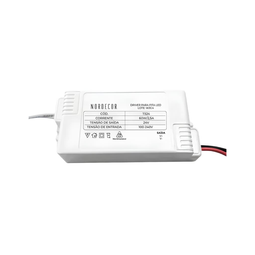 FONTE PARA FITA LED IP20 NORDECOR 60W 2.5A BIVOLT DC 24V