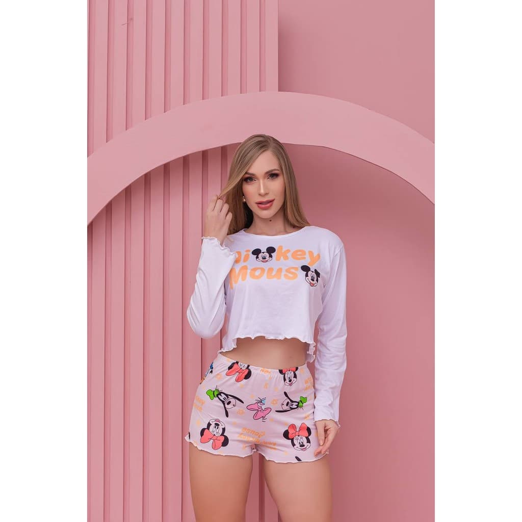 Pijama Inverno Manga Longa com Shorts Mickey Mouse