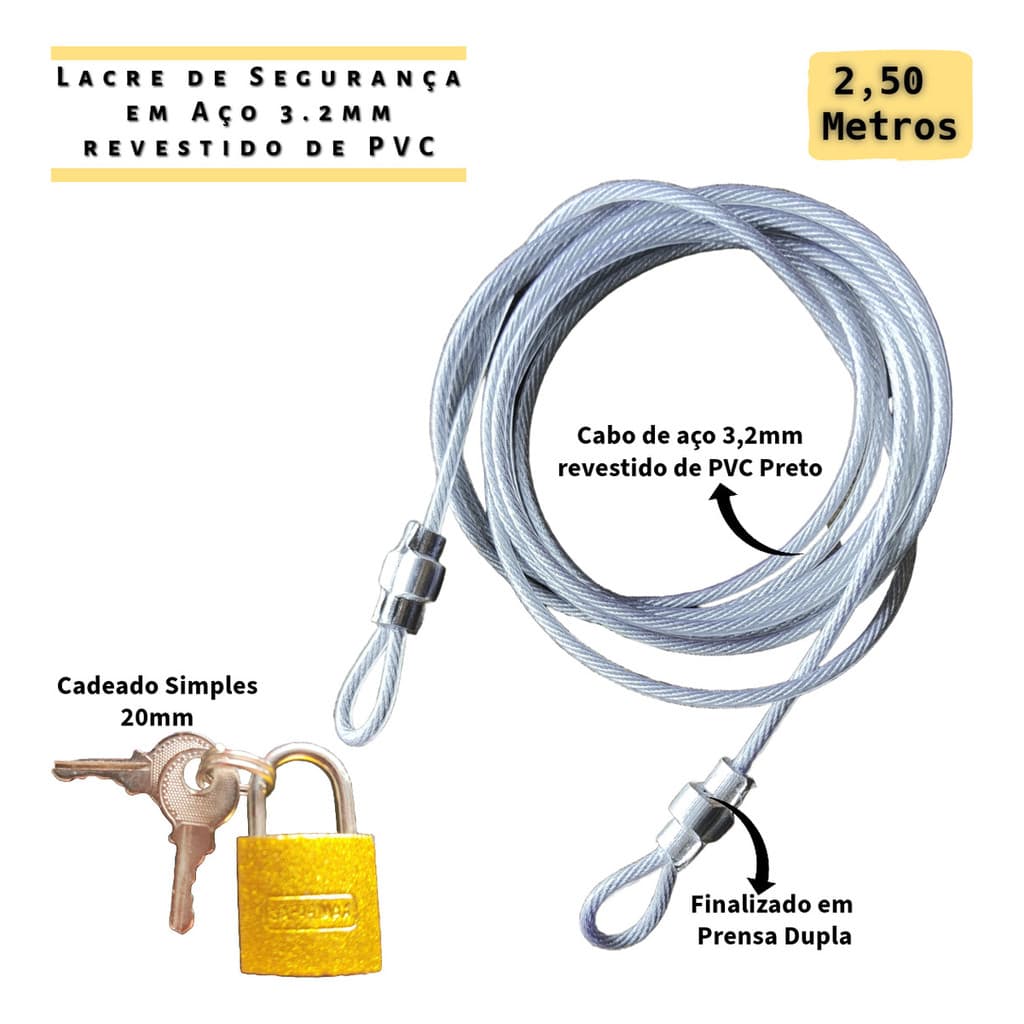 Kit 1 Lacre Cabo Segurança 2,50 Mts + Cadeado 20mm Bag Bike Bolsa Trava