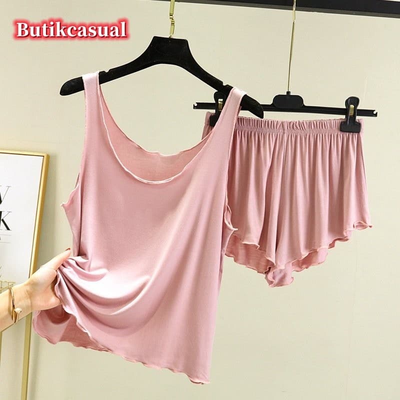 Conjunto De Regata Feminina De Algodão Modal , Pijama Liso Para Salão , Verão , Gola Redonda , Sem Mangas , Camiseta + s