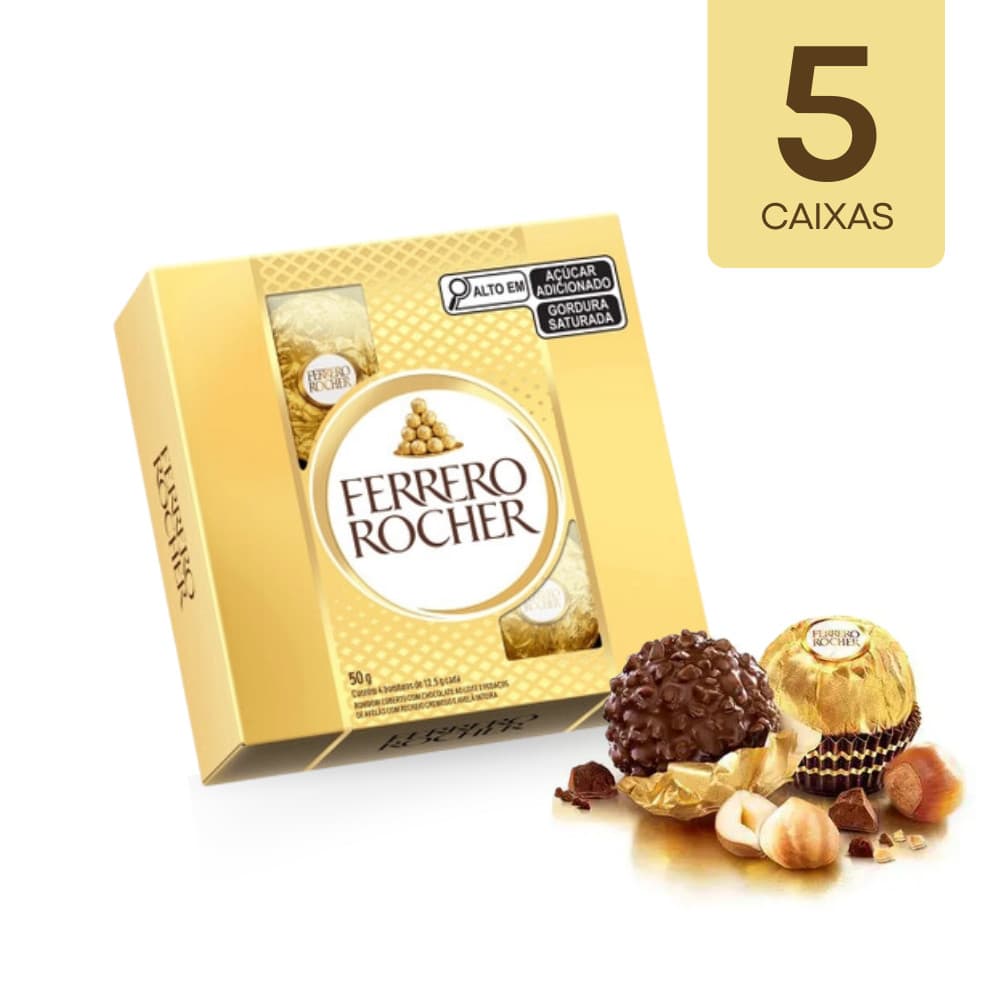 Kit 5 Caixas Ferrero Rocher Bombons 4 Un Ao Leite Com Avelã 50g Wafer Crocante Recheio Cremoso Lembrancinha