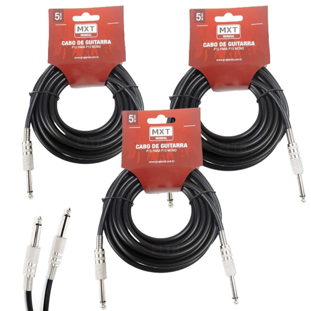 Kit 3 Cabo P10 P10 Mono Guitarra Violão Baixo Cavaquinho Caixa Som Amplificador 5m Metros mxt