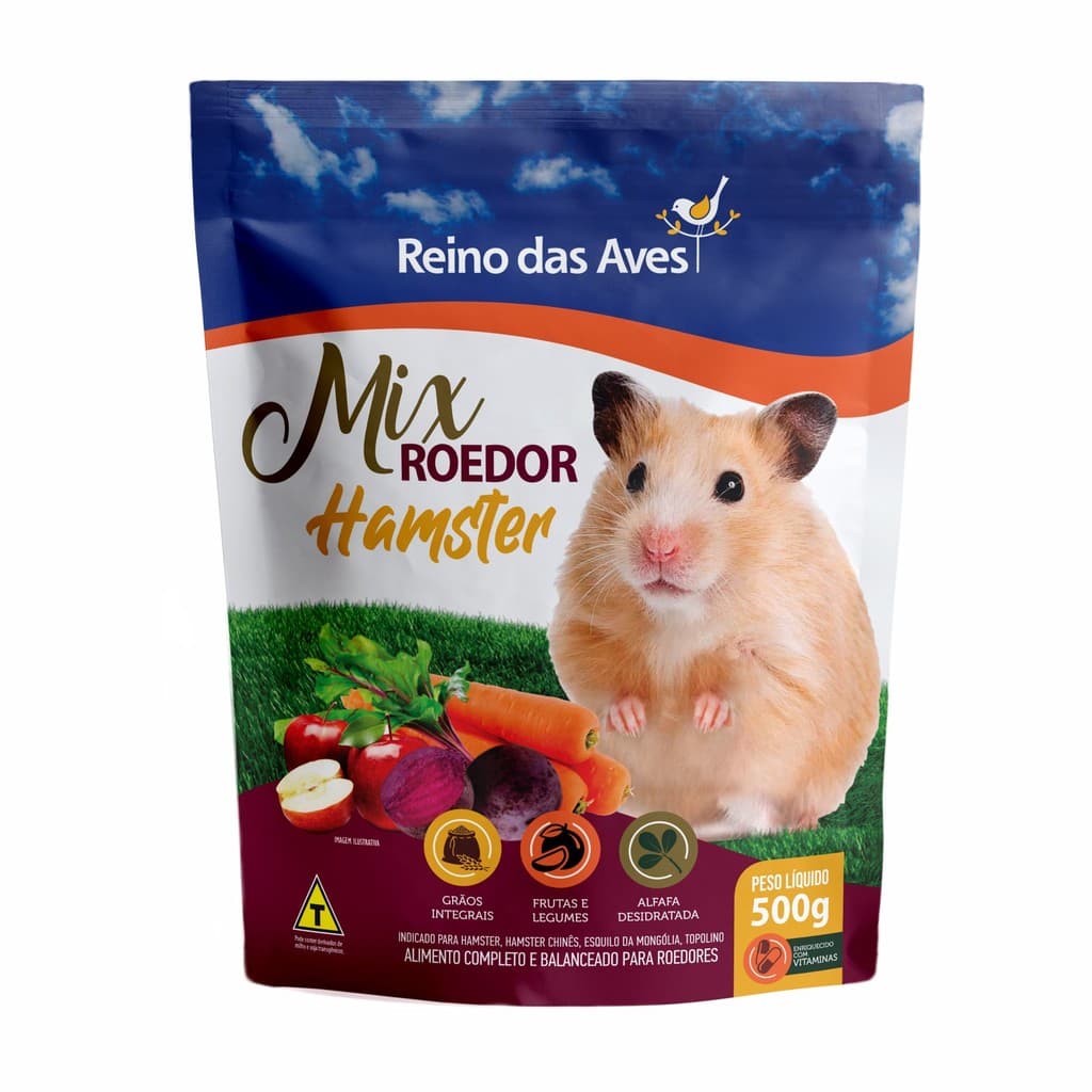 Ração para hamster Gold Mix 500g Reino das Aves. Alimento balanceado que fortalece seu pet saudável