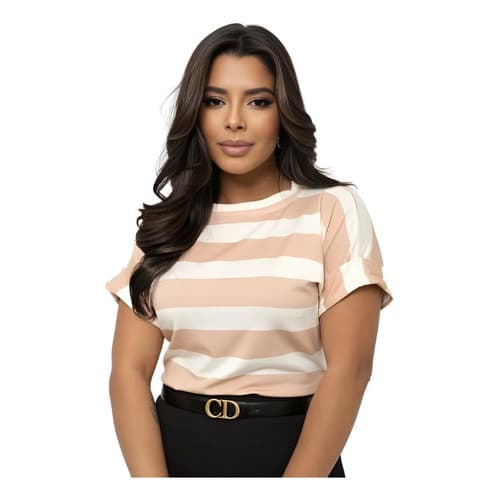 Blusa Camiseta Feminina Gola Redonda T-shirt Manga Japonesa Curta Blusinha Luxo Blogueira Lisa Listrada