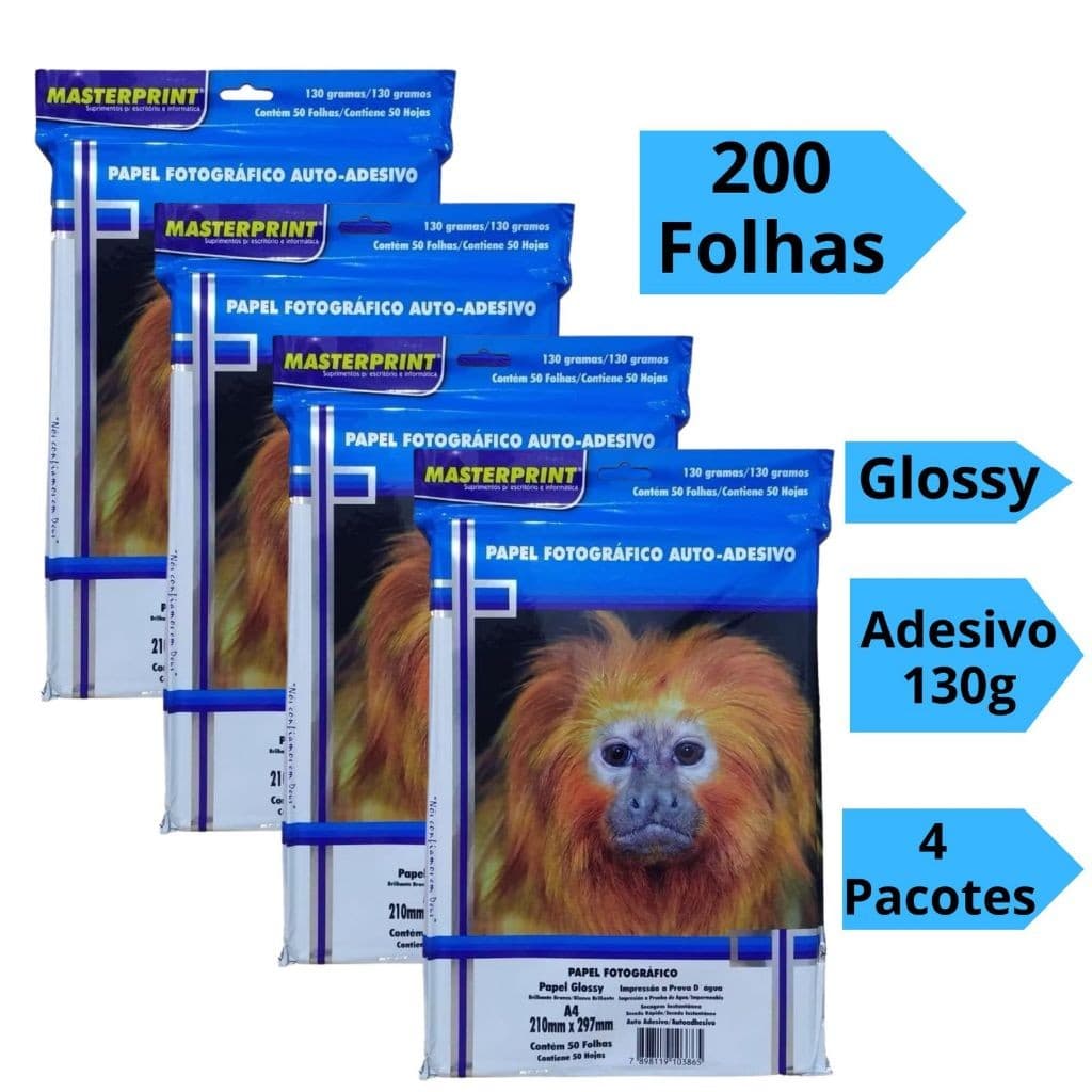 Papel Fotográfico Adesivo 130g A4 Glossy Brilhoso Kit 200 Folhas Masterprint