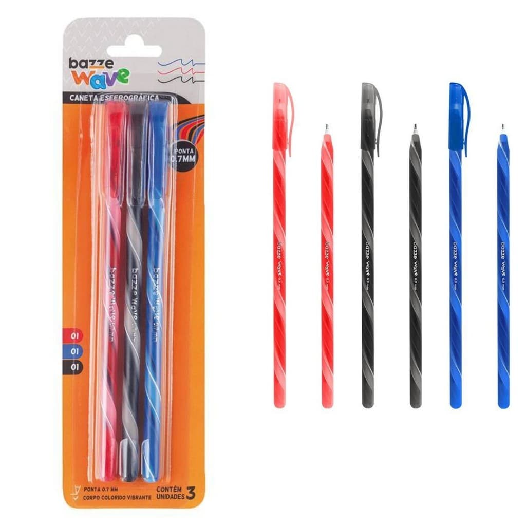 Caneta Esferográfica Wave Bazze Cores Clássicas 0.7mm 3 UN