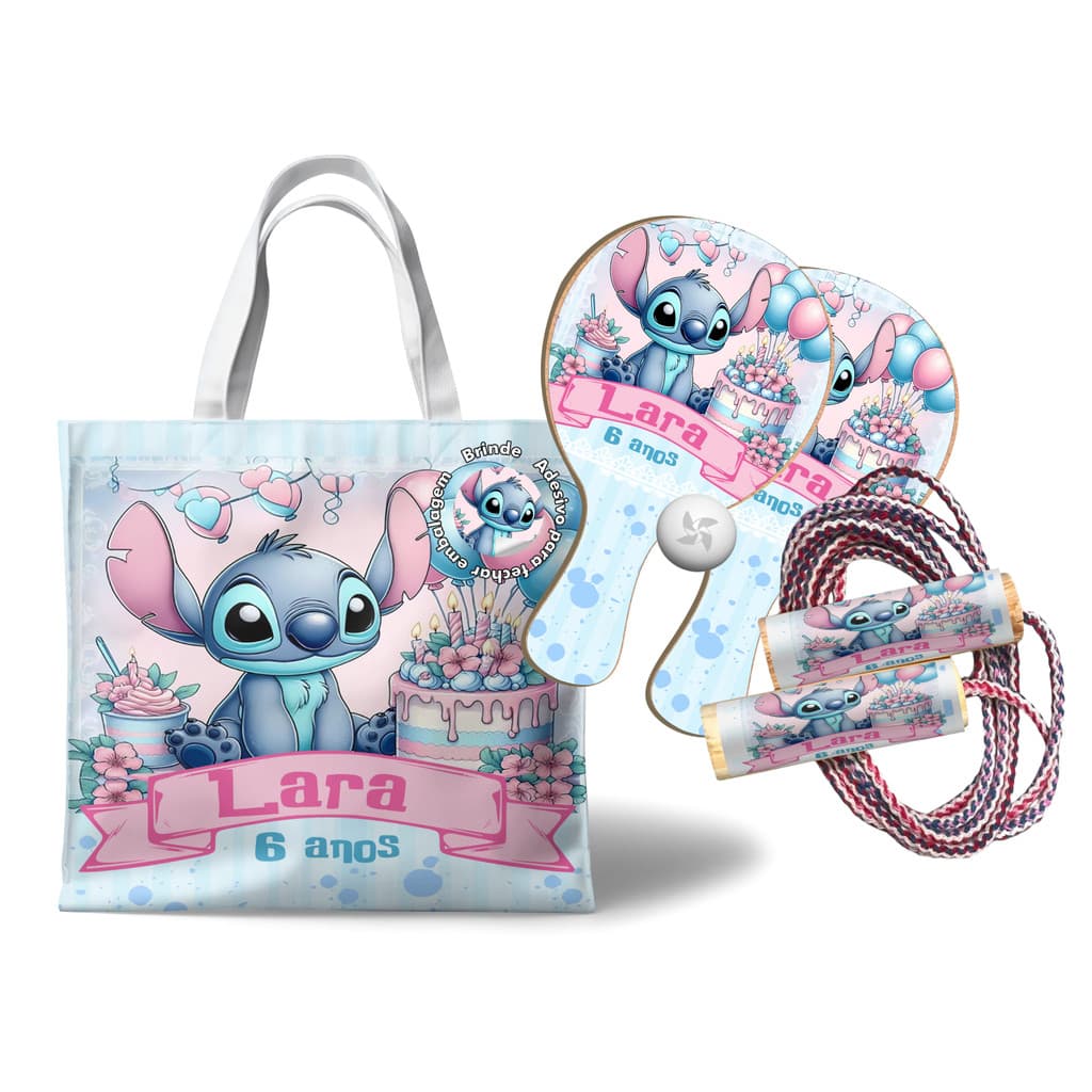 7/10/15/25 Kit Sacola com alça, Raquetes Ping Pong e Pula Corda Lilo Stitch
