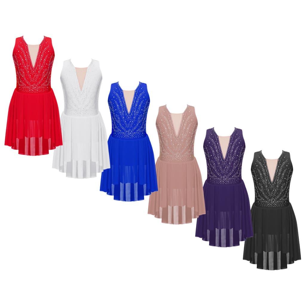 MSemis Kids Girls Rhinestone Figure Skating Performance Dress Strappy Back Asymmetrical Hem Sleeveless Dance Dresses