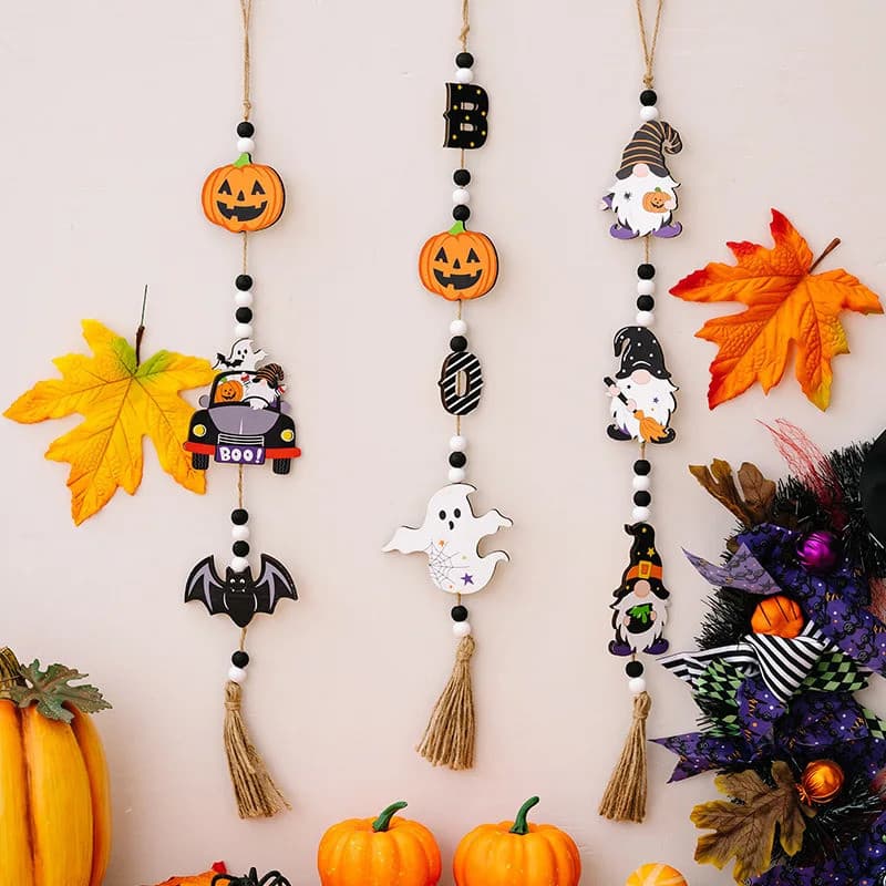 Decorações de Halloween em Madeira com Borlas e Contas, Pingentes de Gnomo, Abóbora, Morcego e Fantasma para Pendurar