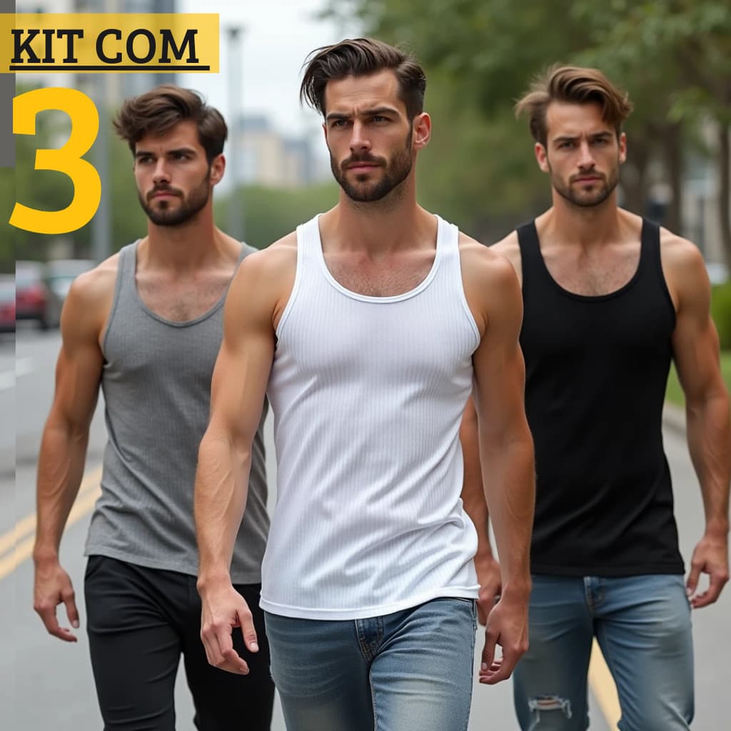 Kit c/ 3 Regata Slim Fit Masculina Americana Justa Canelada Algodão Elastano Academia
