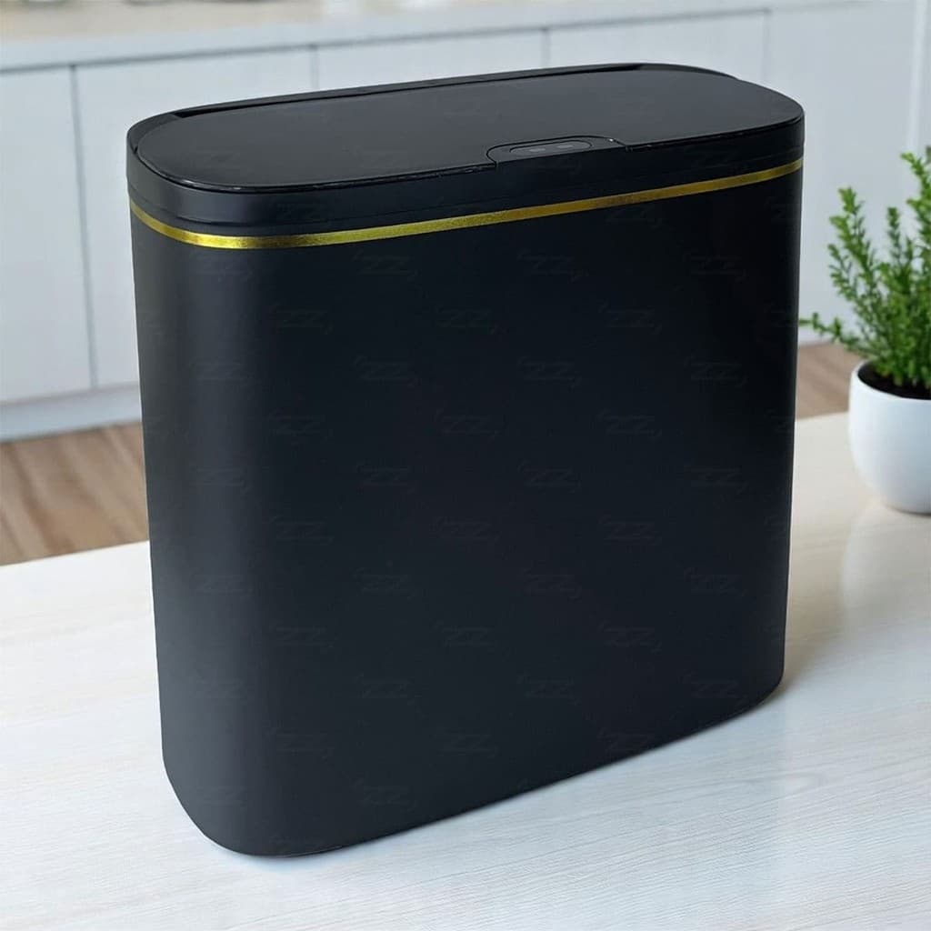 Lixeira Eletrônica Inteligente 14 Litros Slim Preto com Dourado à Bateria de Lítio Recarregável