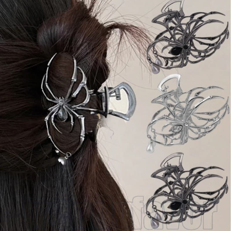 3 Peças De Grampo De Cabelo De Aranha De Halloween-Prendedor Punk Gótico-Cocar De Clipe De Tubarão-Garra Com Pérola-Chap