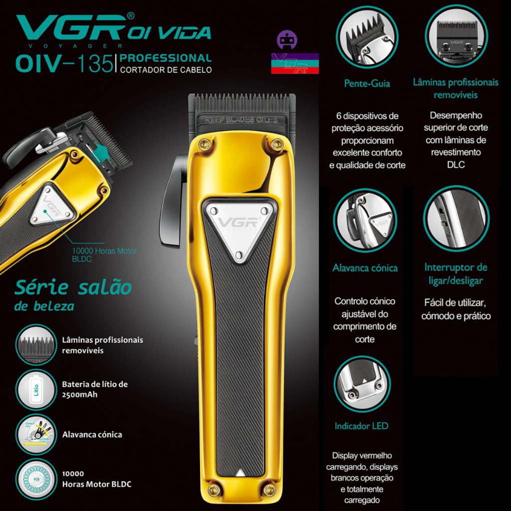 Cortador De Cabelo Profissional Vgr Oiv-135 Kit 6 Pentes Dourado Elegante Barba Cabelo Sem Fio