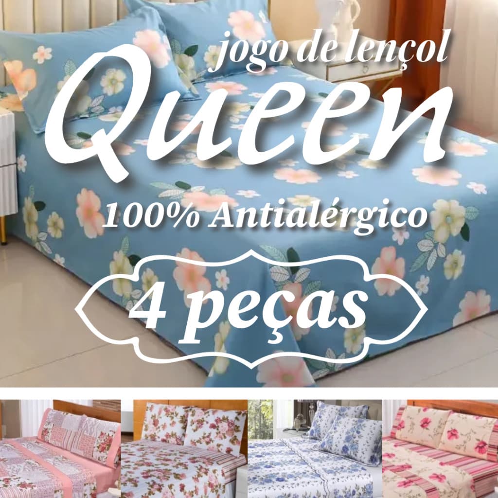Jogo de Lençol Queen 4 Peças com Elástico 1,98m x1,58m x 0,3m de Altura Estampas Sortidas Box Size Cama Kit