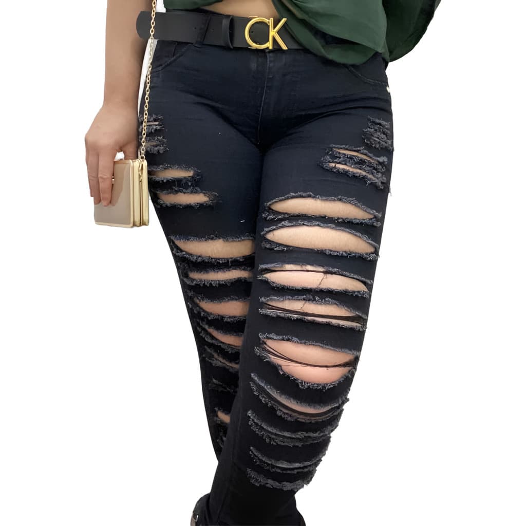Calça Jeans Destroyed Rasgada Preta Com Lycra