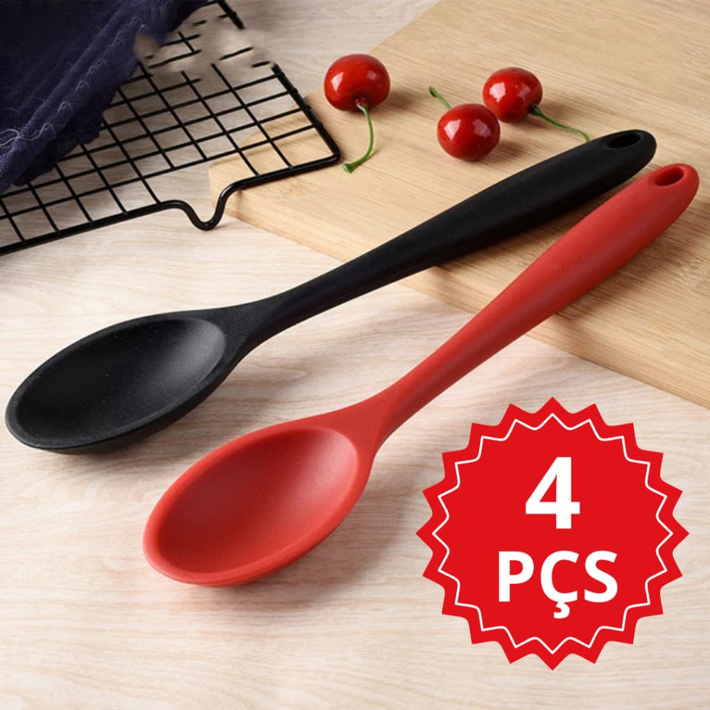Colher de Silicone Kit Pão Duro 27cm Grande Peças Preto Vermelho