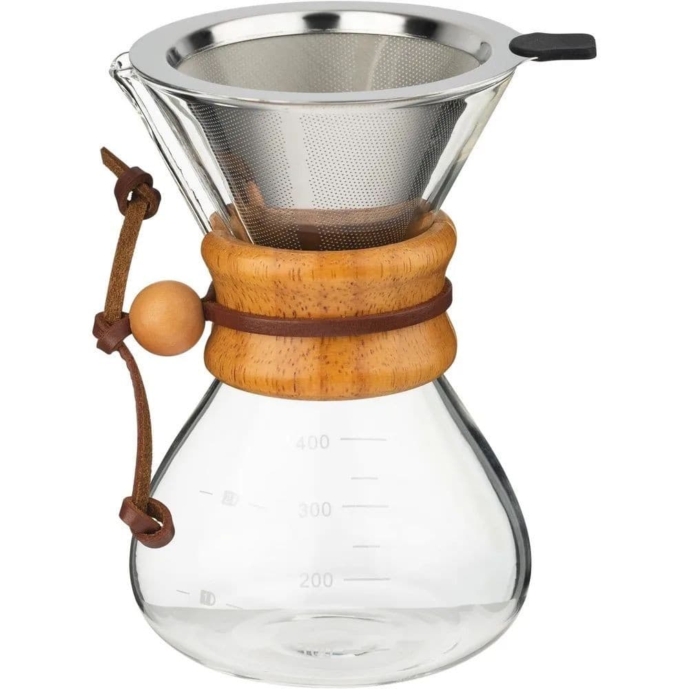 Cafeteira Manual de Vidro Borossilicato com Filtro em Inox e Detalhes em Madeira 400ml