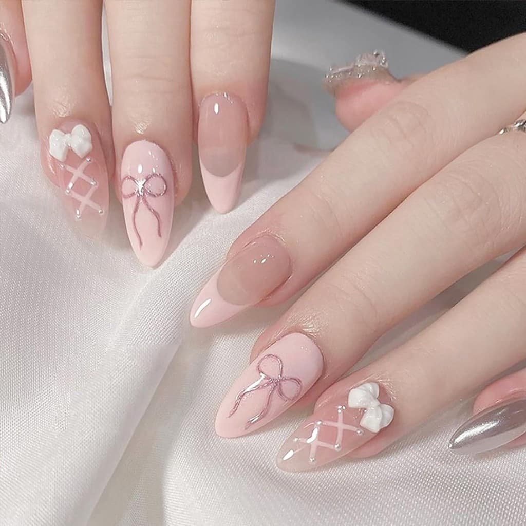 24pcs Unhas Postiças Francesas Rosa Laço Doce Unhas Falsas Destacáveis Brilhantes Médias Amêndoa