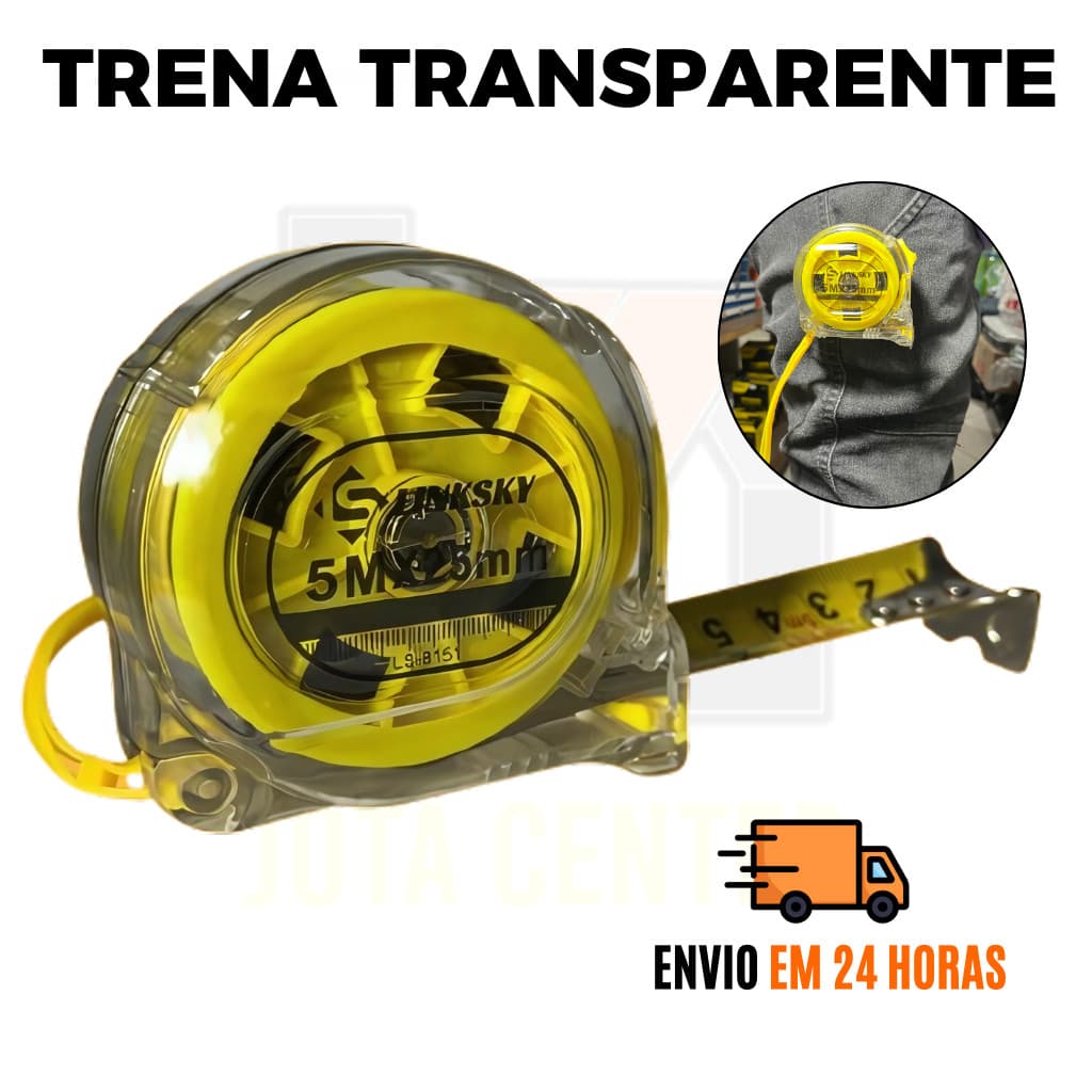 Trena Métrica 5 Metros Transparente Fita de Aço Profissional com Trava