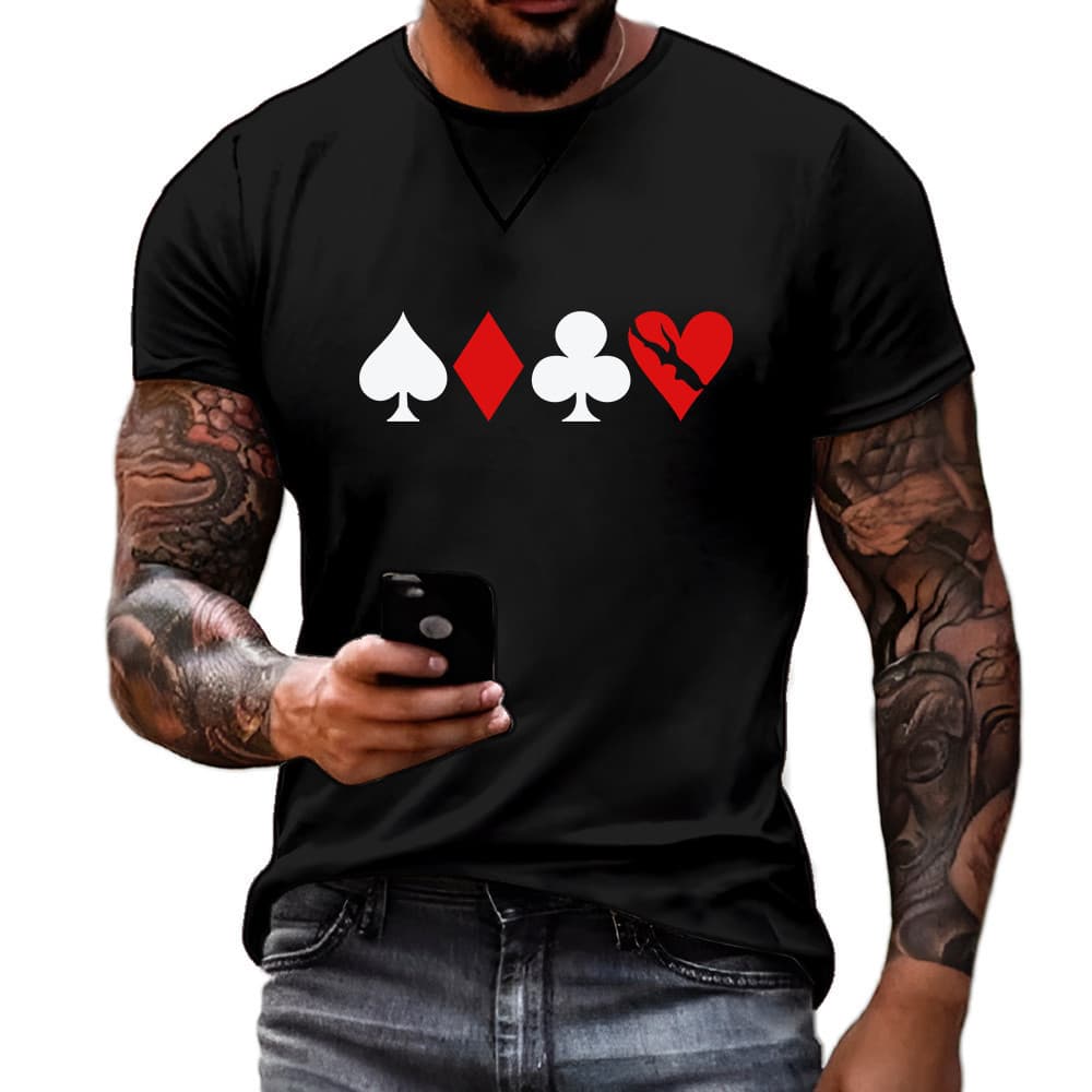 Camiseta Masculina Coração Ocasional Cartas Baralho 100% Algodão Premium