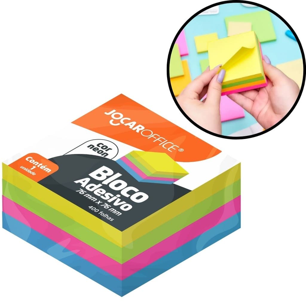 Bloco Adesivo Colorido 76x76mm Jocar Office 400 Fls 4 Cores Neon