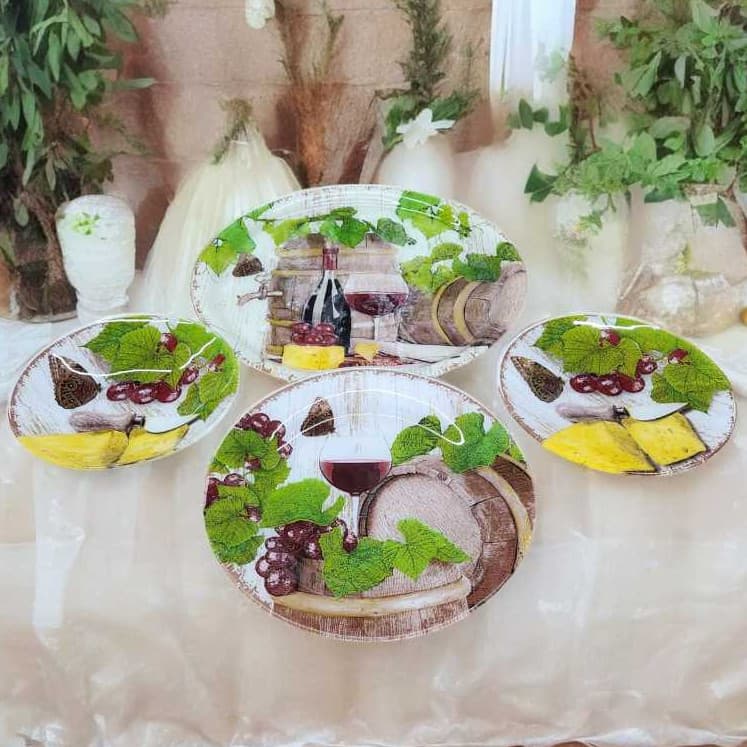Pratos e Petisqueiras de Vidro Estampado, Tema Vinho e Queijos