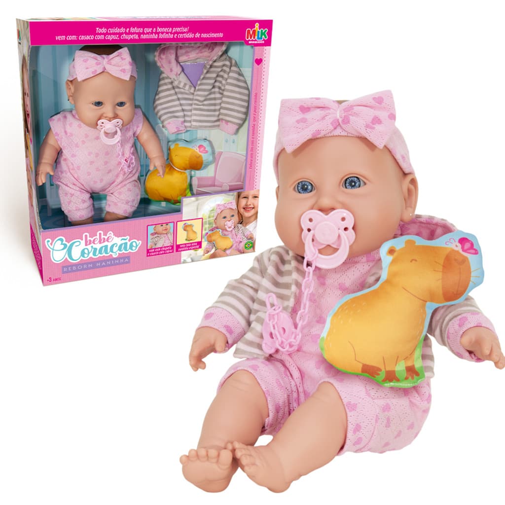 Boneca Reborn Bebê Coração com Naninha de Capivara e Chupeta