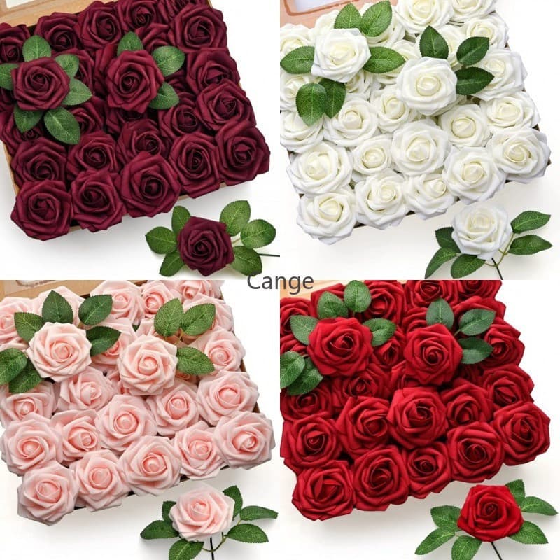 50pcs 8cm Flores De Espuma De PE Artificial Falsas Rosas Com Haste Feliz Aniversário Rose Cake Topper Decoração Festa De