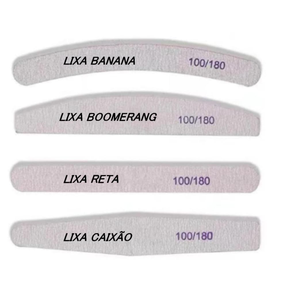 Lixas de Unhas 100/180 Formatos Banana Boomerang Reta Caixão Lixa Profissional P/ Fibra Lavavél Polimento