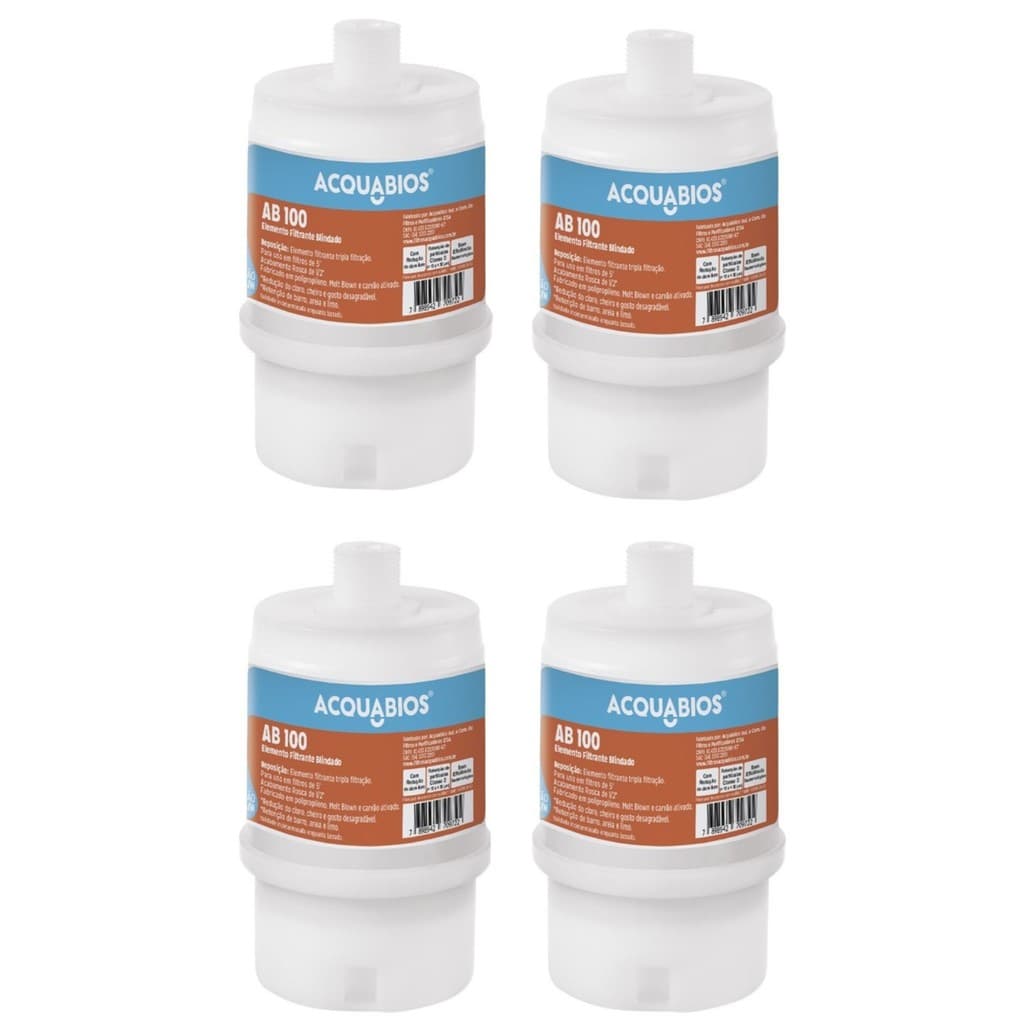 KIT 04 UN Refil Blindado AB100 Acquabios Aplicavel Filtros ACQUA POU 5 Rosca de 1/2 Carvão Ativado
