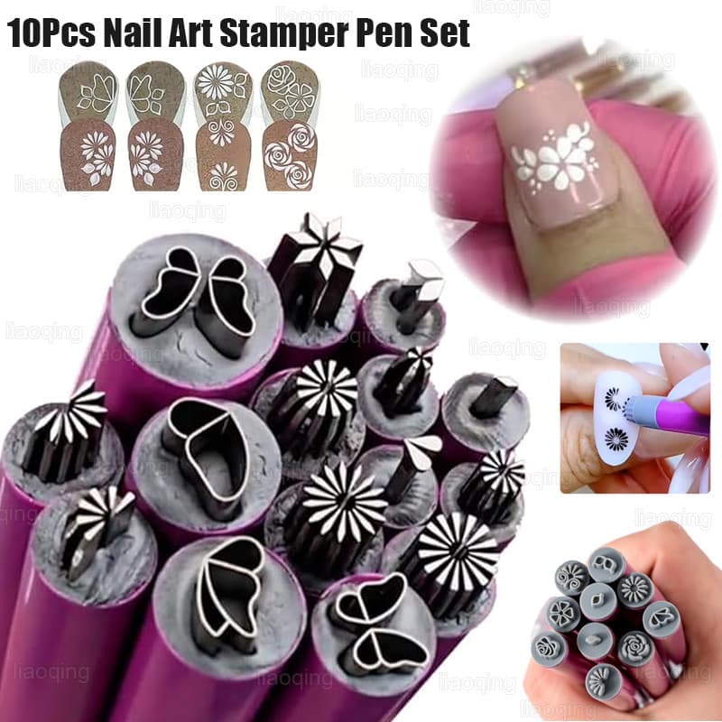 10 Pçs Conjunto De Caneta Stamper Da Arte Do Prego , Flor Placa De Carimbo Kit