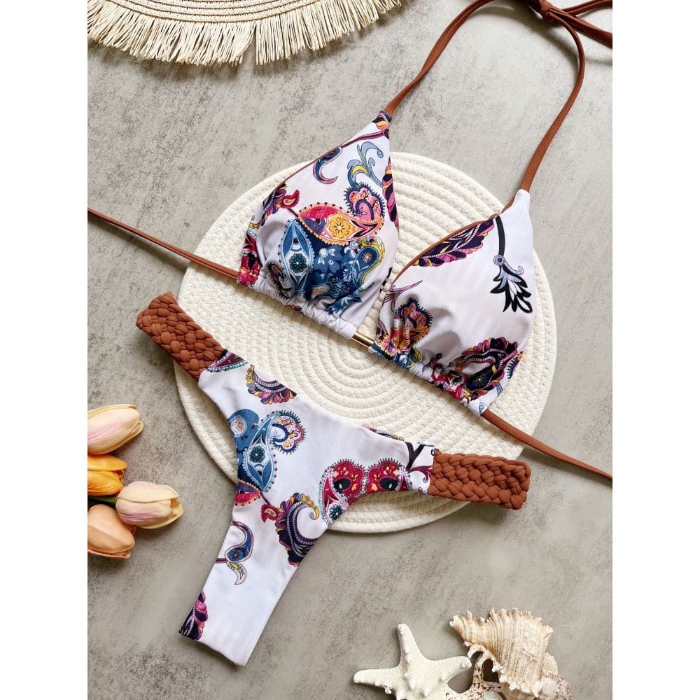 Novo estilo de biquíni estampado trançado  roupa de banho Biquini Feminino