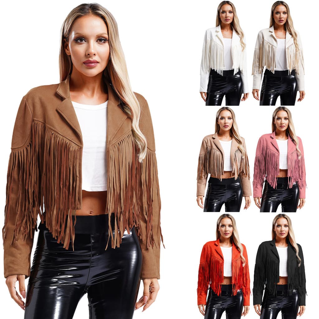 MSemis Feminino Elegante Franja Camurça Sintética Jaquetas Cortadas Lapela Manga Comprida Frente Aberta Cardigan 80s Hip