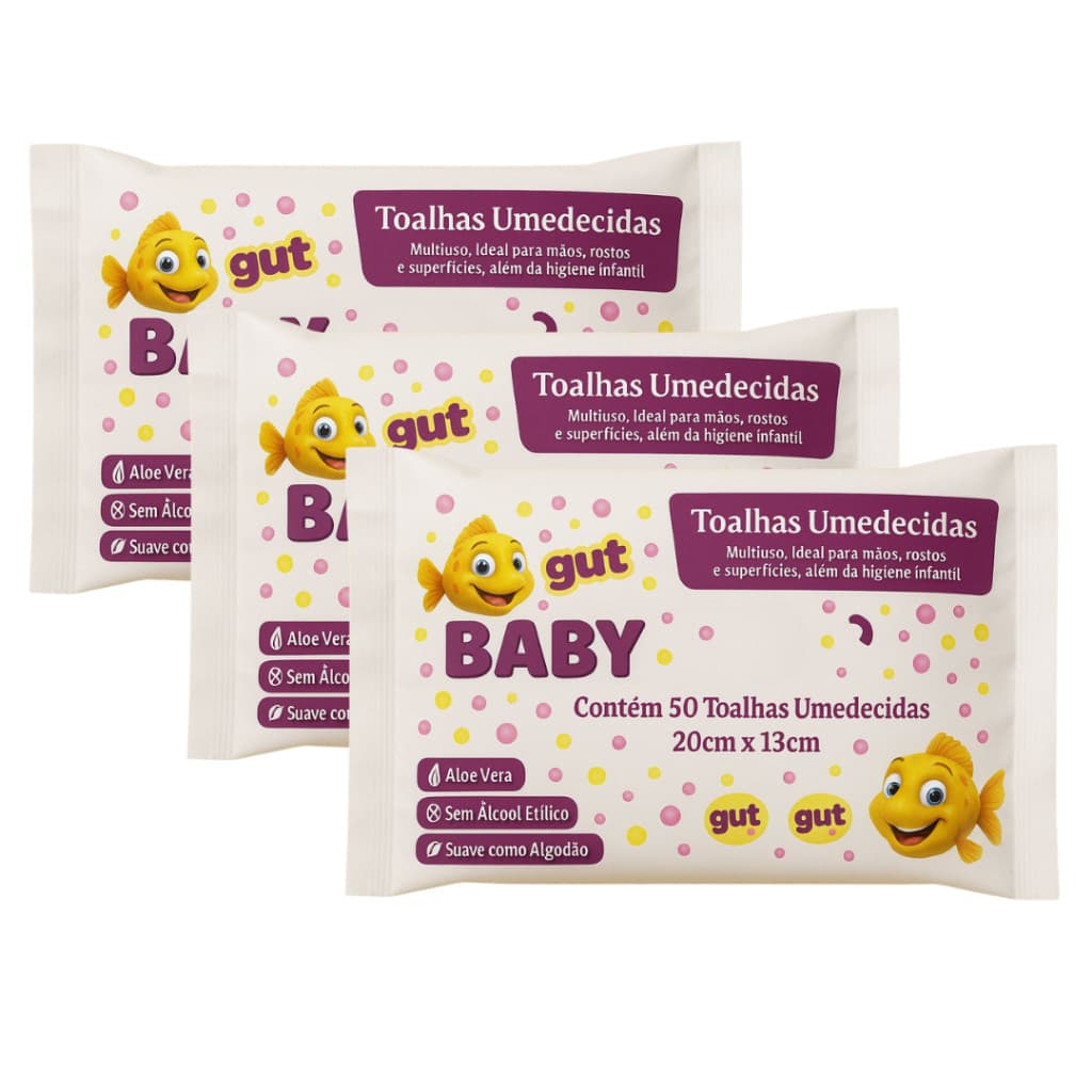 Kit 3 Lenços Umedecidos Gut Baby 150 Unidades Sem Álcool Limpeza Suave e Macia