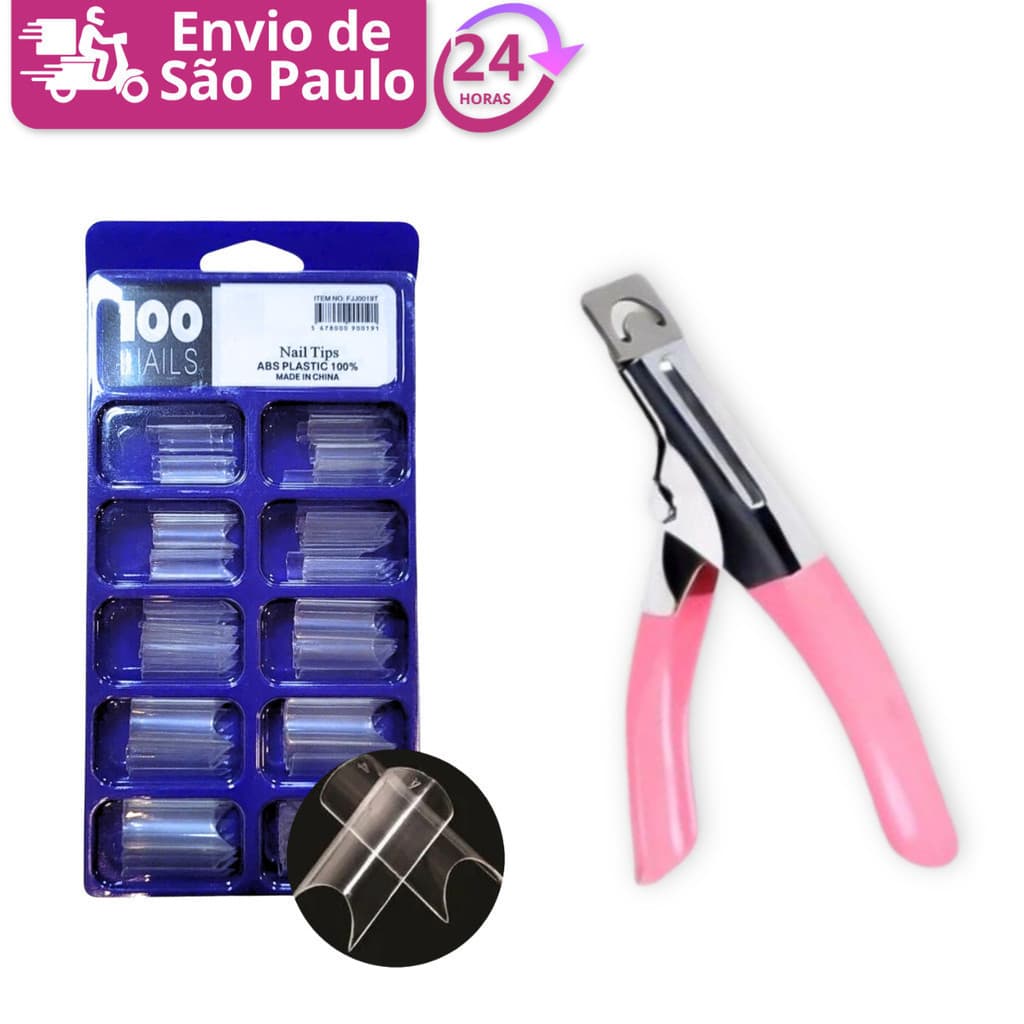 Kit Com 100 Tips Curvatura C + Alicate Cortador De Unhas Postiças Tips Acrigel Nails Profissional