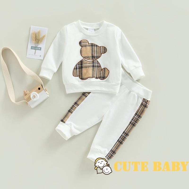 Conjunto de Outono para Infantil Bebês Meninos e Meninas, Blusa de Manga Comprida Xadrez com Urso e Calça,0-24 Meses